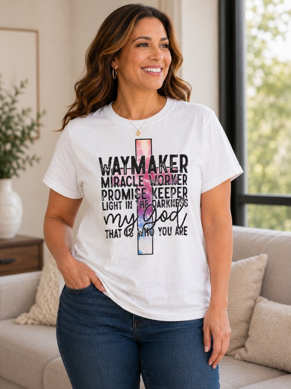 Gildan White Tee with Pink and Blue Cross Graphic
